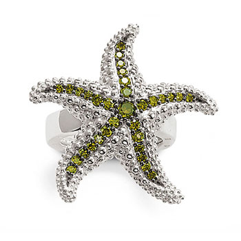 Bague en argent en forme d'étoile de mer ornée de zircons verts
