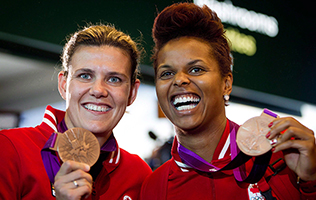 Christine Sinclair et Karina LeBlanc, les joueuses de soccer de l'équipe canadienne aux Jeux olympiques de Londres en 2012