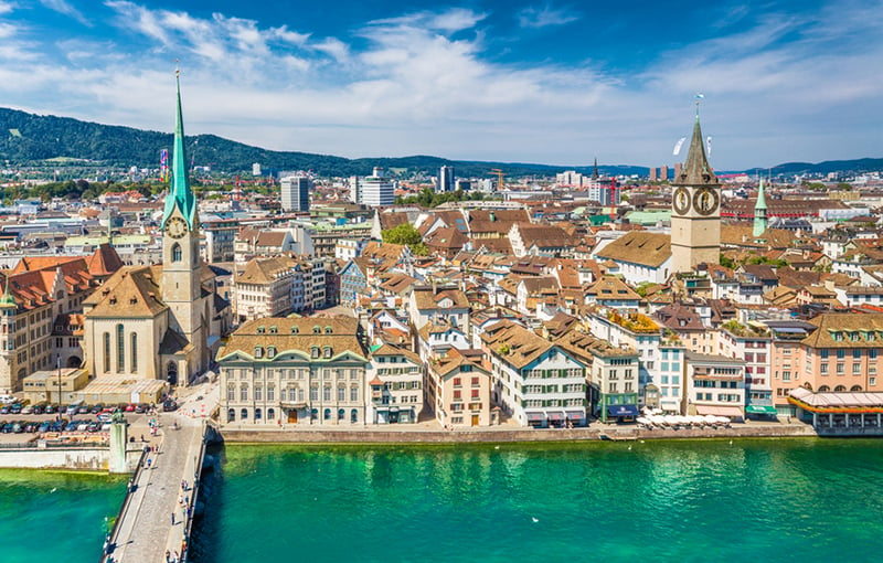Aerial view of Zürich city center with famous Fraumünster Church and river Limmat at Lake Zurich from Grossmünster Church, Canton of Zürich, Switzerland.
