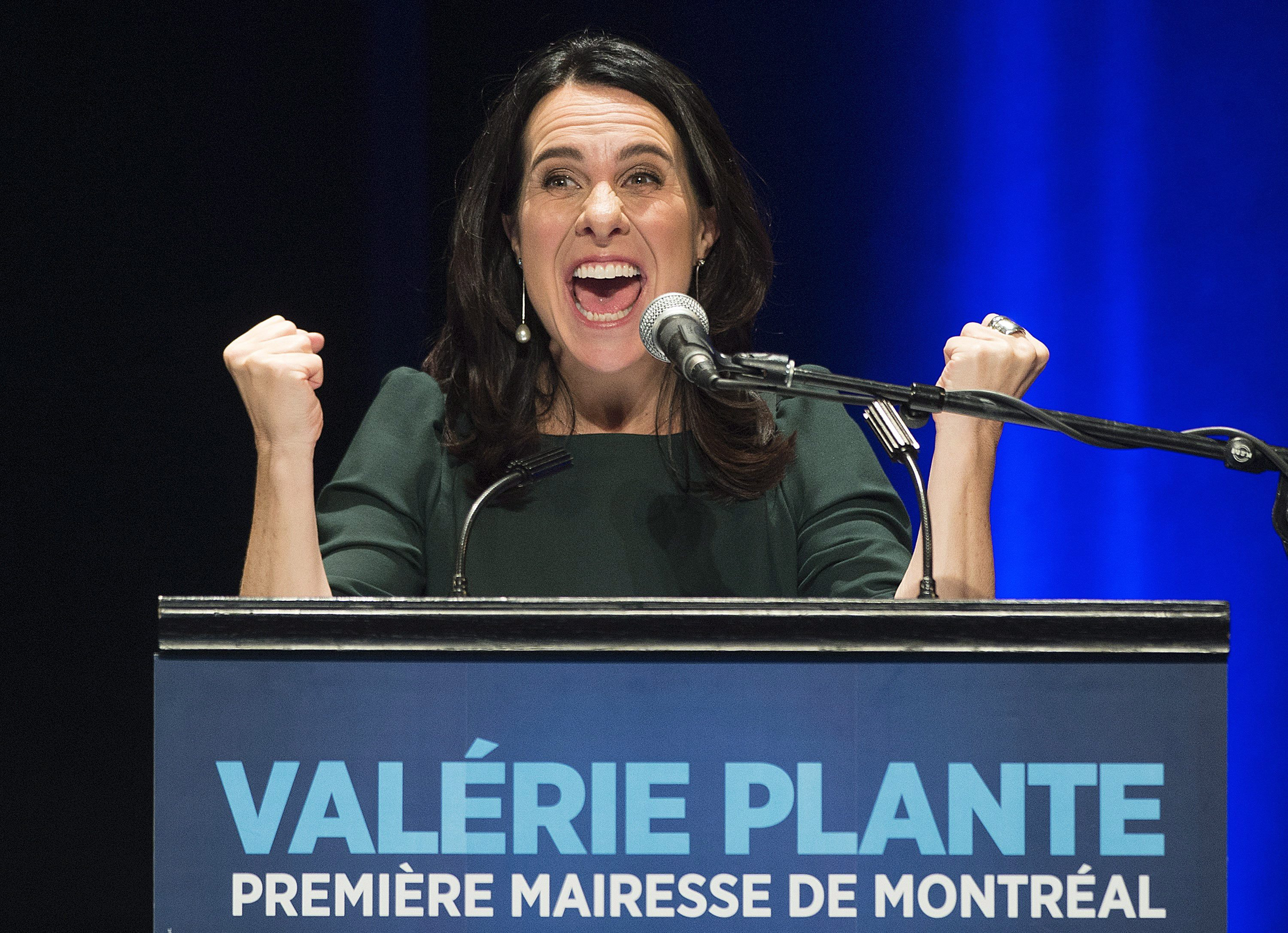 Valerie Plante speaks to supporters after being elected mayor of Montreal on municipal election night in Montreal, Sunday, November 5, 2017. THE CANADIAN PRESS/Graham Hughes