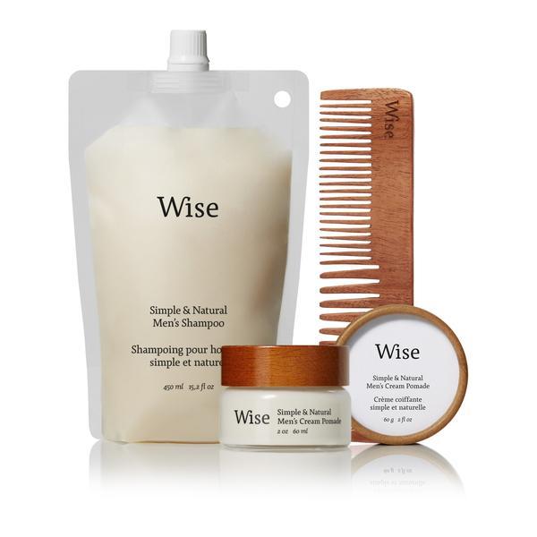 <p>Ensemble de soins capillaires, <a href="https://wisemenscare.com/collections/holiday-bundles/products/essential-holiday-gift-bundle" target="_blank" rel="noopener">Wise</a>, 95 $</p>
