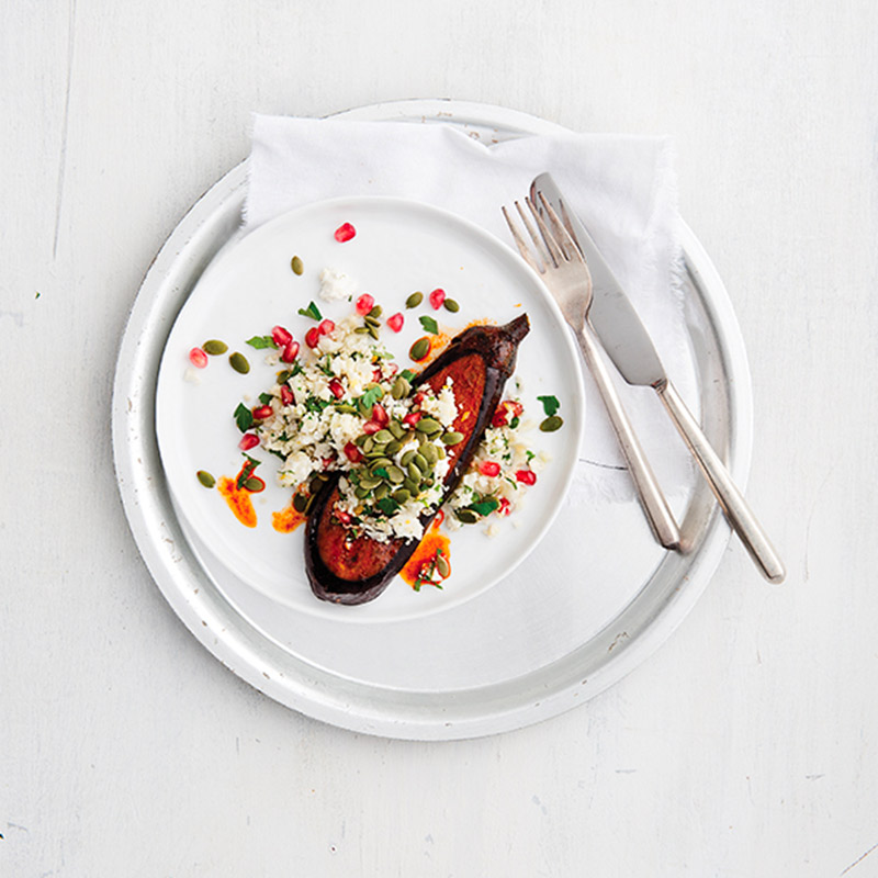 «Bifteck» d’aubergine et pilaf de chou-fleur